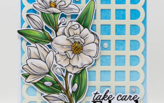 Card inspiration & Copic marker colouring video for Picket Fence Studios Graceful Magnolias stamp set illustrated by Kelly Taylor.