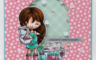 Birthday shaker card inspiration & Copic marker colouring video featuring The Greeting Farm Miss Anya Birthday clear stamp set.