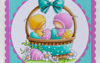 Cute Easter card inspiration & colouring video featuring Stamping Bella Bundle Girls in the Easter Basket coloured using Copic markers.