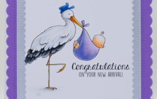 Baby card inspiration & Copic marker colouring video featuring Stamping Bella Delivery from the Stork & Baby Sentiment Set rubber stamps.