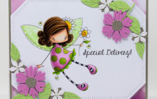 Handmade card inspiration & Copic colouring video featuring Stamping Bella Whimsabella PetalShimmer and Baby Sentiment Set rubber stamps.