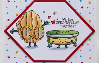 Handmade card inspiration & Copic colouring video featuring Stamping Bella Spec-Tacular Chips & Dip and Spec-Tacular Together Sentiment Set rubber stamps.