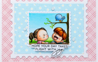 Postage collage card inspiration featuring Sweet November Stamps Postage Pals clear stamp sets, coloured using Copic markers.