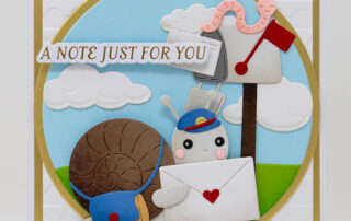 Handmade card inspiration featuring Spellbinders April 2025 Club of the Month Snail Mail Post Small Die Set, Embossing Folder & BetterPress plate.