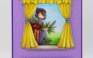 Handmade scene card inspiration featuring Stamping Bella Uptown Girl Greta loves to Garden, Window & Garden Sentiment Set rubber stamps.