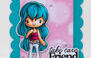 Card inspiration & Copic marker colouring video featuring The Greeting Farm Miss Anya Jeans clear stamp set.