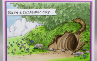 Handmade card inspiration & Copic colouring video featuring Stamping Bella Alice in Wonderland Rabbit Hole Backdrop rubber stamp from the Summer 2025 release.