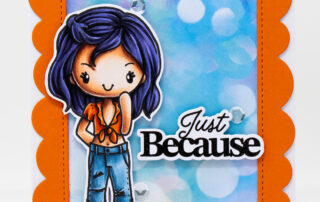 Card inspiration & Copic marker colouring video featuring The Greeting Farm Miss Anya Jeans clear stamp set.