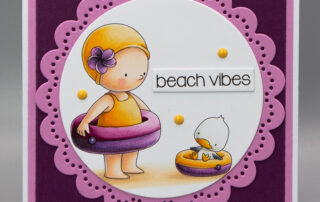 Handmade card inspiration & Copic colouring video featuring Stamping Bella Beach Bundle Girl with a Floatie & Beach Vibes Sentiment Set rubber stamps from the Summer 2025 release.
