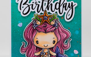 Card inspiration & Copic marker colouring video featuring The Greeting Farm Mermaid Bday Anya clear stamp set.