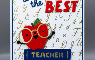 Handmade card inspiration featuring Spellbinders May 2025 Club of the Month "Classroom Chronicles" Small Die Set, and "From A to Z" BetterPress plate.