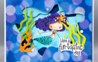 Handmade card inspiration & Copic colouring video featuring Stamping Bella Whimsabella Mermaid Starfish Sparkle and Mermazing Sentiment Set rubber stamps.