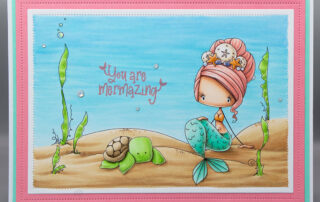 Copic coloured scene card inspiration Stamping Bella Whimsabella Mermaid Serene SeaStar, Under the Sea Creatures, Under the Sea Backdrop & Mermazing Sentiment Set rubber stamps.
