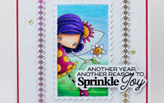 Handmade card inspiration & Copic colouring video featuring Stamping Bella Whimsabella PetalShimmer stamped in a postage collage frame.