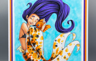 MerMay card inspiration featuring Sweet November Stamps Goldie Love mermaid digital stamp, coloured using Copic markers.