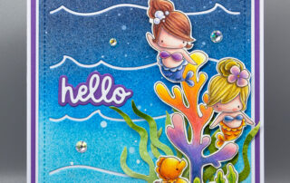 Handmade pencil coloured and ink blended scene card inspiration featuring Stamping Bella Little Cutie Mermaids and Seahorse rubber stamp.