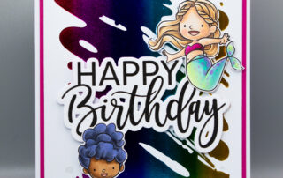 Card inspiration featuring Sweet November Stamps Mer Friends clear stamp set, coloured using Copic markers.