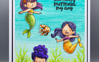 Stamped scene card inspiration and Copic marker colouring video featuring Sweet November Stamps Mer Friends clear stamp set.