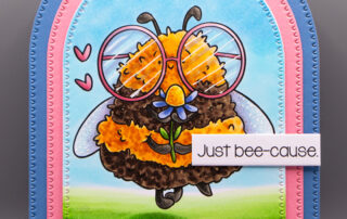 Handmade card inspiration & Copic colouring video featuring Stamping Bella Buzzy Bee Holding a Flower and Buzzy Bee Sentiment Set rubber stamps.