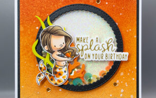 Shaker card inspiration featuring Sweet November Stamps Mer Friends clear stamp set, coloured using Copic markers and SNS sequin mix.