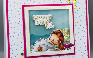 Shaker card inspiration featuring Sweet November Stamps Mer Friends clear stamp set, coloured using Copic markers and SNS sequin mix.