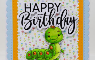Birthday card inspiration & Copic marker colouring video featuring a cute caterpillar from Sweet November Stamps Take Flight clear stamp set.