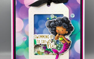 Shaker card inspiration featuring Sweet November Stamps Mer Friends clear stamp set, coloured using Copic markers and SNS sequin mix.