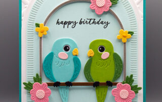 Handmade card inspiration featuring Spellbinders Cheerful Chirps collection products: Pretty Birds die set, Spread Your Wings Sentiments stamp set, and Bamboo Screen 3D embossing folder.