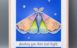 Handmade card inspiration & Copic colouring video featuring Stamping Bella Leaf Song Moth rubber stamp set.