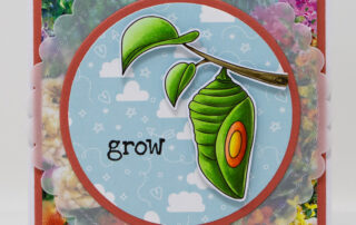 Card inspiration & Copic marker colouring video featuring a cute chrysalis from Sweet November Stamps Take Flight clear stamp set.