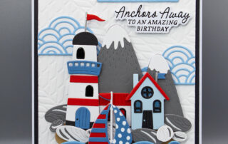 Handmade card inspiration featuring Spellbinders June 2025 Club of the Month "Sailor's Light" Large Die Set, "Set Sail" bonus die set, "Mariner's Weave" embossing folder & "Anchors Away" clear stamp and die set.