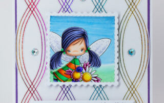 Handmade card inspiration & Copic colouring video featuring Stamping Bella Whimsabella GlimmerGlade fairy stamp in a postage stamp frame!