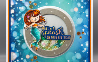 Shaker card inspiration featuring Sweet November Stamps Mer Friends clear stamp set, coloured using Copic markers and SNS sequin mix.