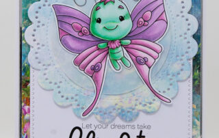 Card inspiration & Copic marker colouring video featuring a cute butterfly from Sweet November Stamps Take Flight clear stamp set.