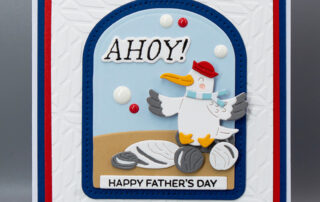 Handmade Father's Day card inspiration featuring Spellbinders June 2025 Club of the Month "Sailor's Light" Large Die Set, Die of the Month "Shipmates", "Mariner's Weave" embossing folder & "Anchors Away" clear stamp and die set.