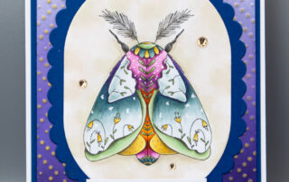 Handmade card inspiration & Copic colouring video featuring Stamping Bella Garden Mantle Moth rubber stamp set.
