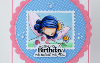 Handmade birthday card inspiration featuring Stamping Bella Whimsabella Petalshimmer fairy stamp with a bold Waffle Flower sentiment!