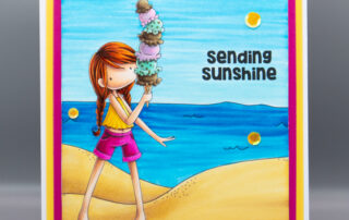 Stamped scene card inspiration & Copic colouring video featuring Stamping Bella Tiny Townie Ally loves Ice Cream & Beach Backdrop rubber stamps.