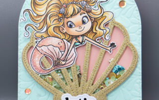 Shaker card inspiration featuring Sweet November Stamps shaker mix and Shimmer & Shine clear stamp set, coloured using Copic markers.