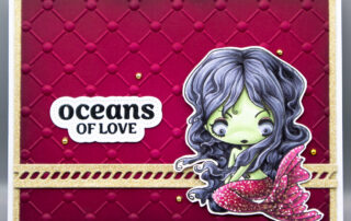 Card inspiration & Copic marker colouring video featuring The Greeting Farm Creeper Syren stamp.