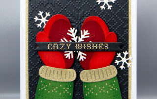 Handmade Christmas card inspiration featuring Spellbinders July Club of the Month Mugs & Mittens die set, Frosted Stitch embossing folder, Festive Press Betterpress plate.