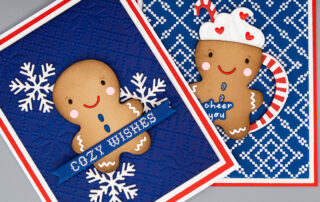 Handmade Christmas card inspiration featuring Spellbinders July Club of the Month Ginger Sips and Cocoa Greetings die sets, Frosted Stitch embossing folder, Festive Press Betterpress plate, and Stay Snuggly clear stamp & die set.