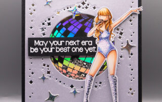 Shaker card inspiration & Copic colouring video featuring Stamping Bella Uptown Girl Loves to Sing rubber stamp and Spellbinders Shine Bright Collection products.