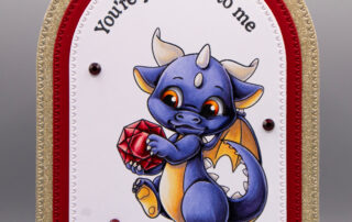 Handmade card inspiration featuring Sweet November Stamps July Ruby Dragon clear stamp set coloured using Copic markers.
