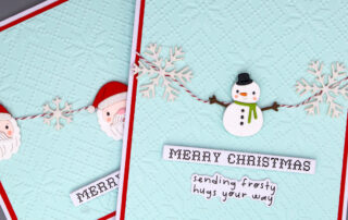 Handmade Christmas card inspiration featuring Spellbinders July Club of the Month Mugs & Mittens die set, Frosted Stitch embossing folder, Stay Snuggly Clear Stamp & Die Set.