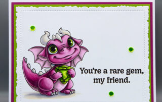 Handmade card inspiration & Copic colouring video featuring Sweet November Stamps August Peridot Dragon clear stamp set coloured using Copic markers.