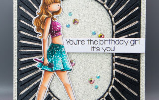 Stitched card inspiration & Copic colouring video featuring Stamping Bella Uptown Girl Loves to Perform rubber stamp and Spellbinders stitching dies.