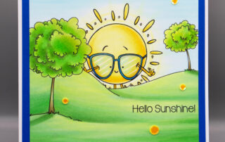 Marker coloured scene card inspiration featuring Stamping Bella Spec-Tacular Stanley Sunshine, Summer Backdrop & Beach Vibes Sentiment Set rubber stamps.