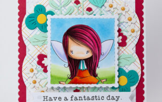 Handmade card inspiration featuring Stamping Bella Whimsabella FlitterFly fairy stamp in a postage collage frame.