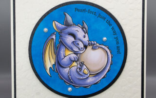 Handmade card inspiration featuring Sweet November Stamps June Pearl Dragon clear stamp set, coloured using Copic markers.